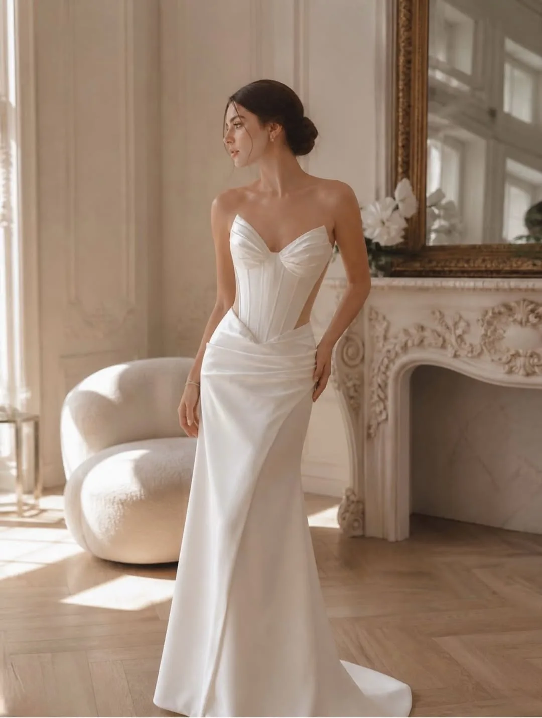 Model in a strapless ivory satin corset gown with a sweetheart neckline, standing by a carved marble fireplace in a panelled salon