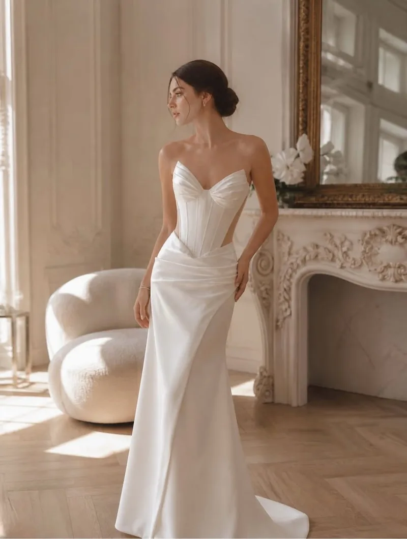 Model in a strapless ivory satin corset gown with a sweetheart neckline, standing by a carved marble fireplace in a panelled salon