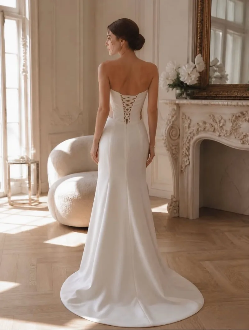 Back view of the ivory satin gown showing the corset lacing and the column skirt pooling into a short train on a parquet floor